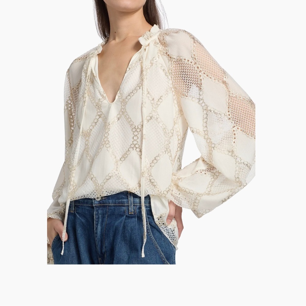 Ramy Brook Cream and Gold Tie-Neck Blouse. XL. NWT.